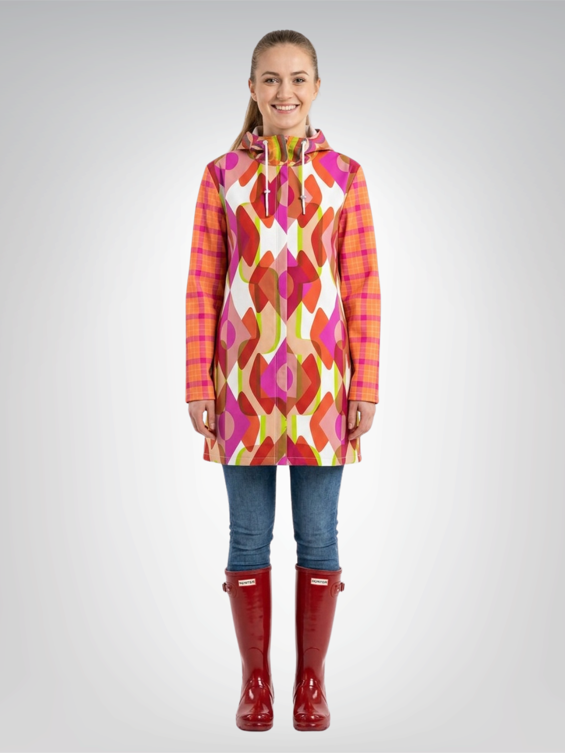 Tangerine Mod Geo Plaid Womens Hooded Rain Jacket