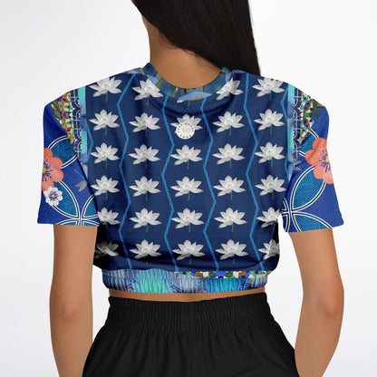 Dahlia Lama Lotus Flower Print Eco-Poly Short Sleeve Cropped Pullover