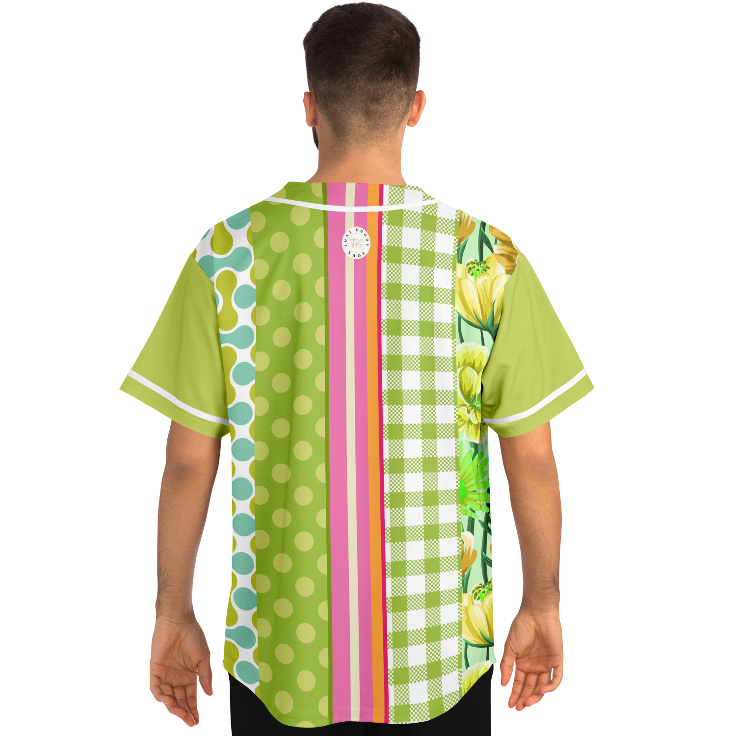 Green Anjou Pear Striped Patchwork Short Sleeve Eco-Poly Baseball Jersey