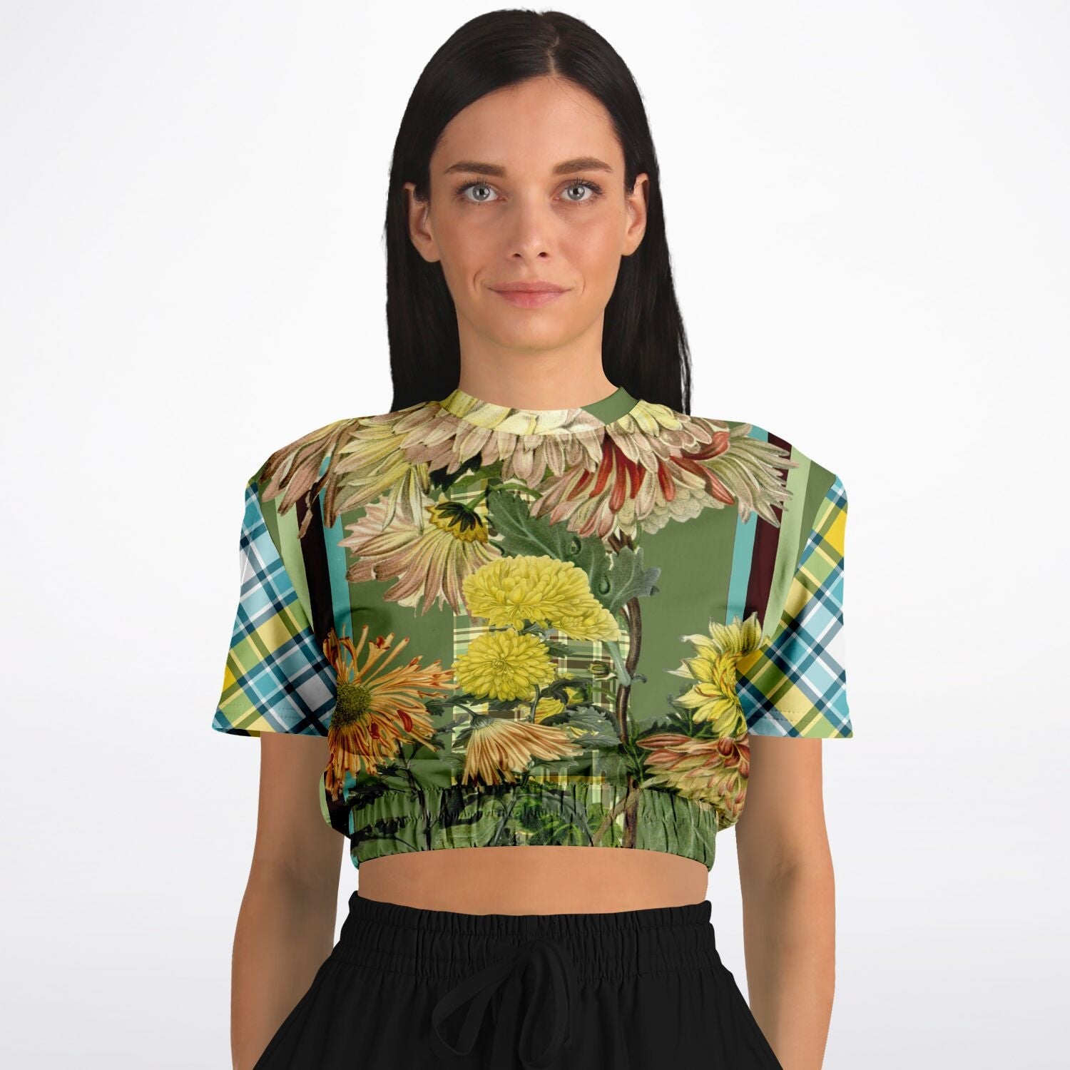 Green Caravan Plaid Eco-Poly Short Sleeve Cropped Pullover