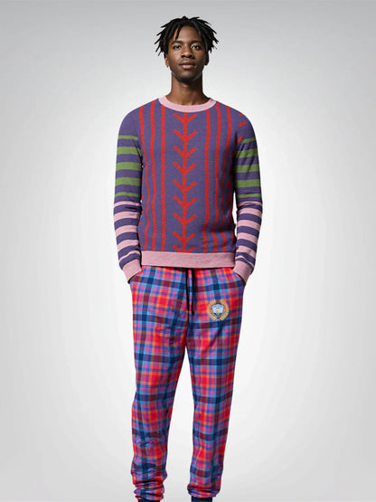 Abstract Argyle and Stripe Purple Knitted Crewneck Sweater