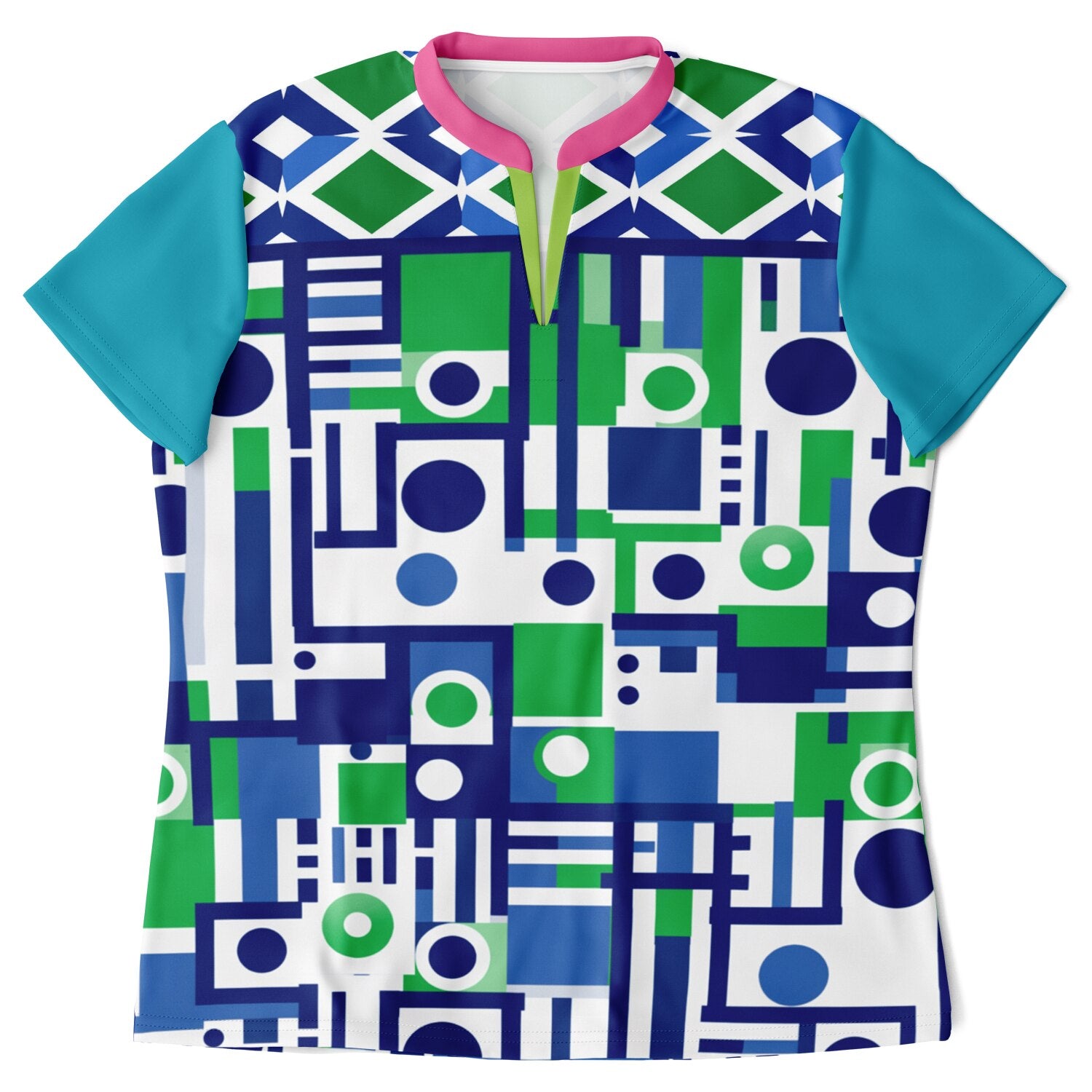 Abstract in Blue and Green Mandarin Collar Ladies Polo Golf Shirt