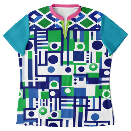 Abstract in Blue and Green Mandarin Collar Ladies Polo Golf Shirt