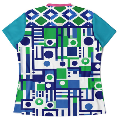 Abstract in Blue and Green Mandarin Collar Ladies Polo Golf Shirt