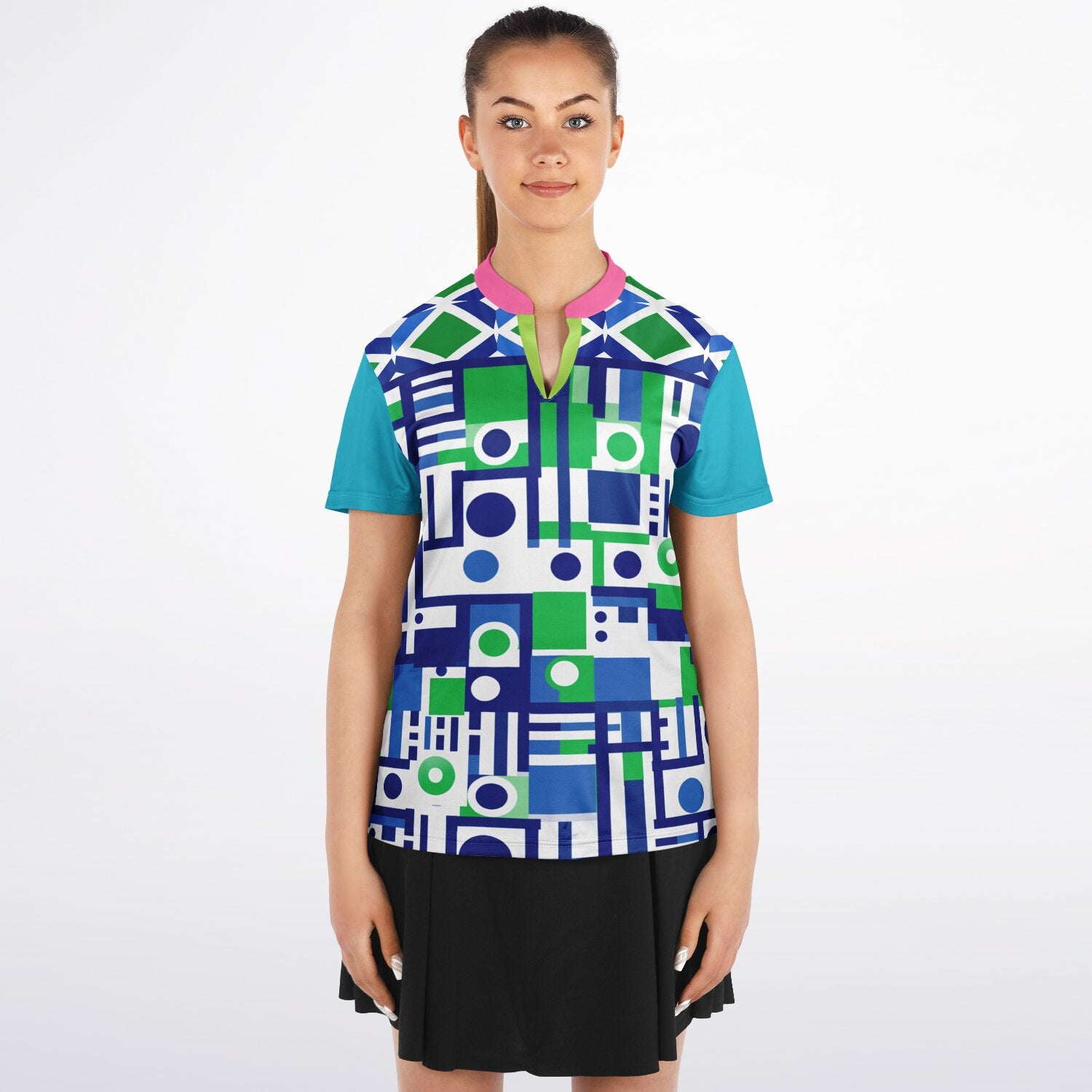 Abstract in Blue and Green Mandarin Collar Ladies Polo Golf Shirt