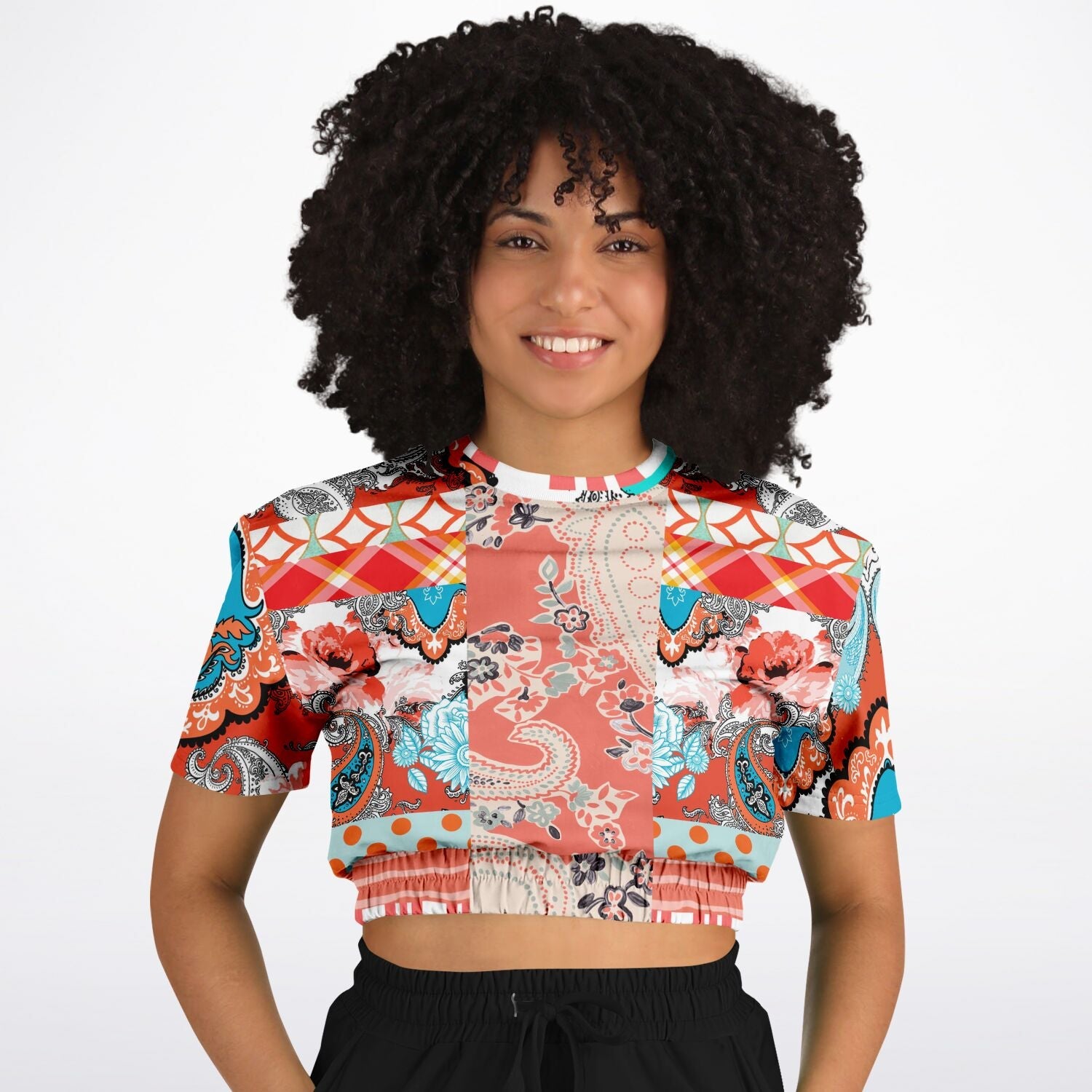 Coral Springs Hippie Patchwork Eco-Poly Short Sleeve Cropped Pullover