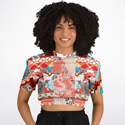 Coral Springs Hippie Patchwork Eco-Poly Short Sleeve Cropped Pullover