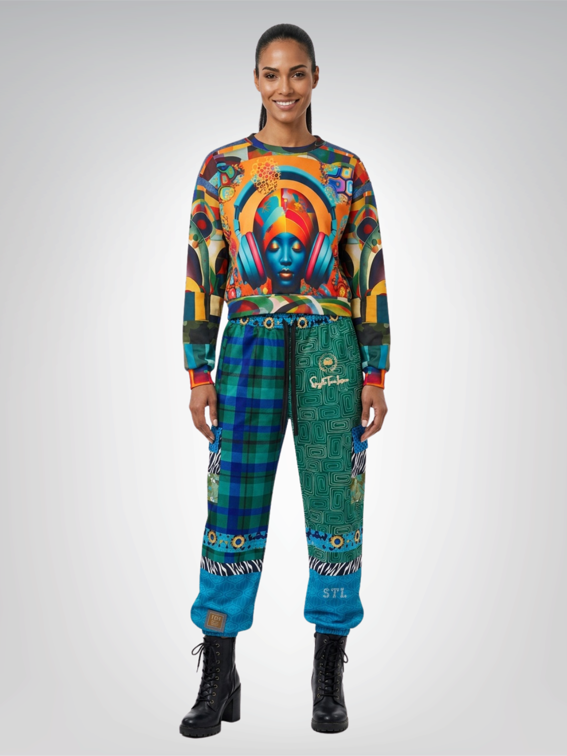 Afro Pop Girl Abstract Mosaic Print Cropped Sweatshirt (Gold Label)