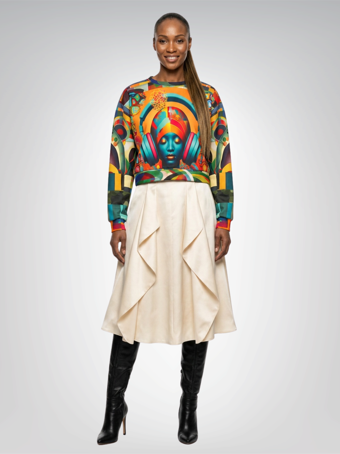 Afro Pop Girl Abstract Mosaic Print Cropped Sweatshirt (Gold Label)