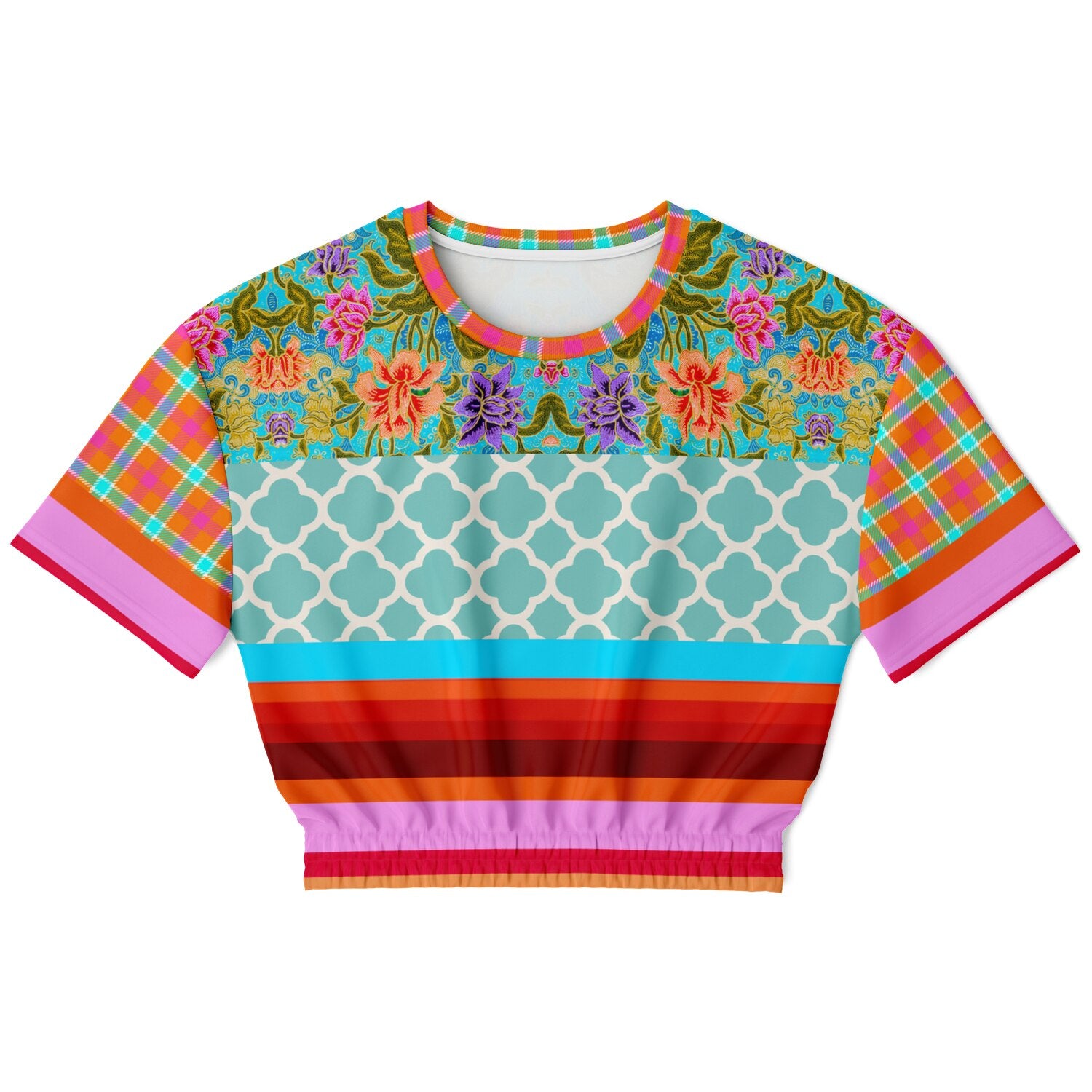 Age of Aquarius Batik Floral Stripe Eco-Poly Short Sleeve Cropped Pullover