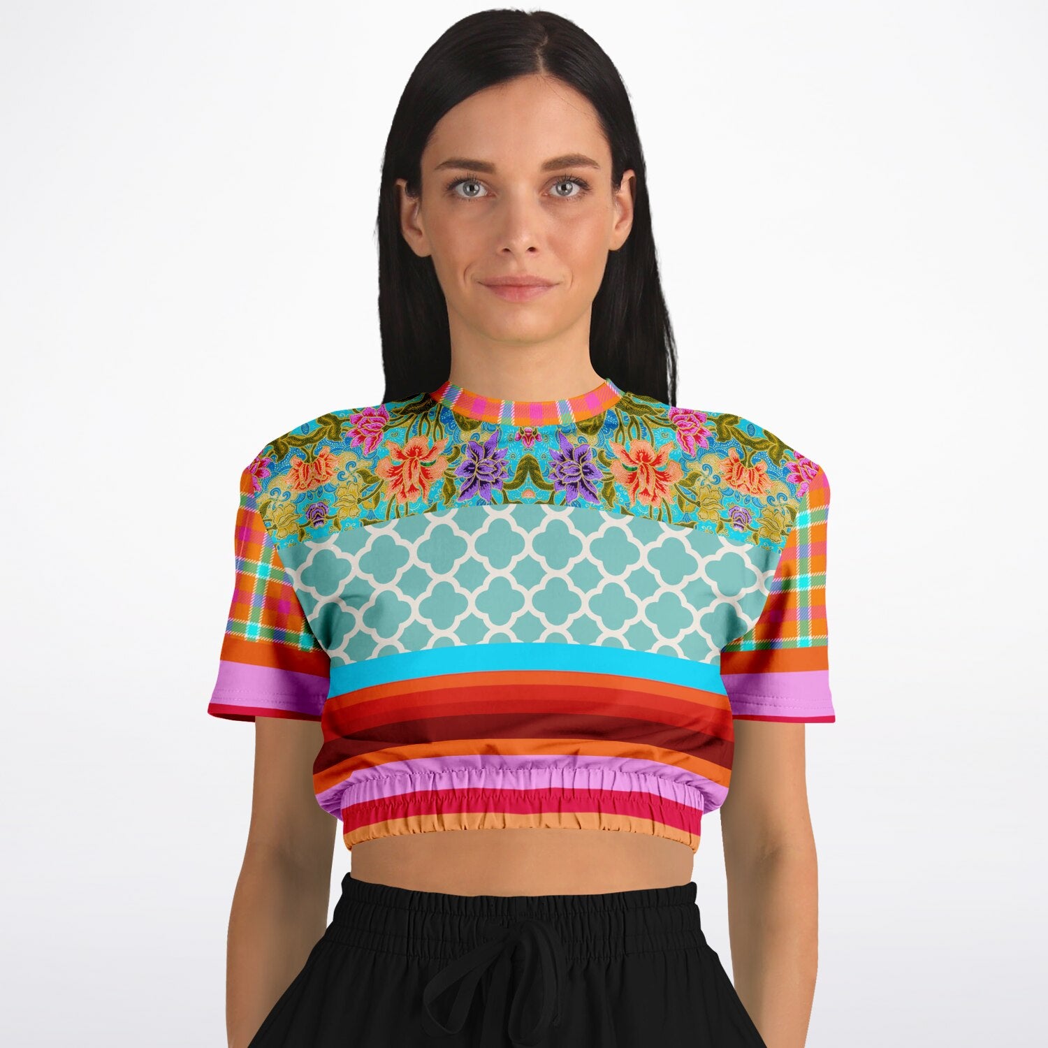 Age of Aquarius Batik Floral Stripe Eco-Poly Short Sleeve Cropped Pullover