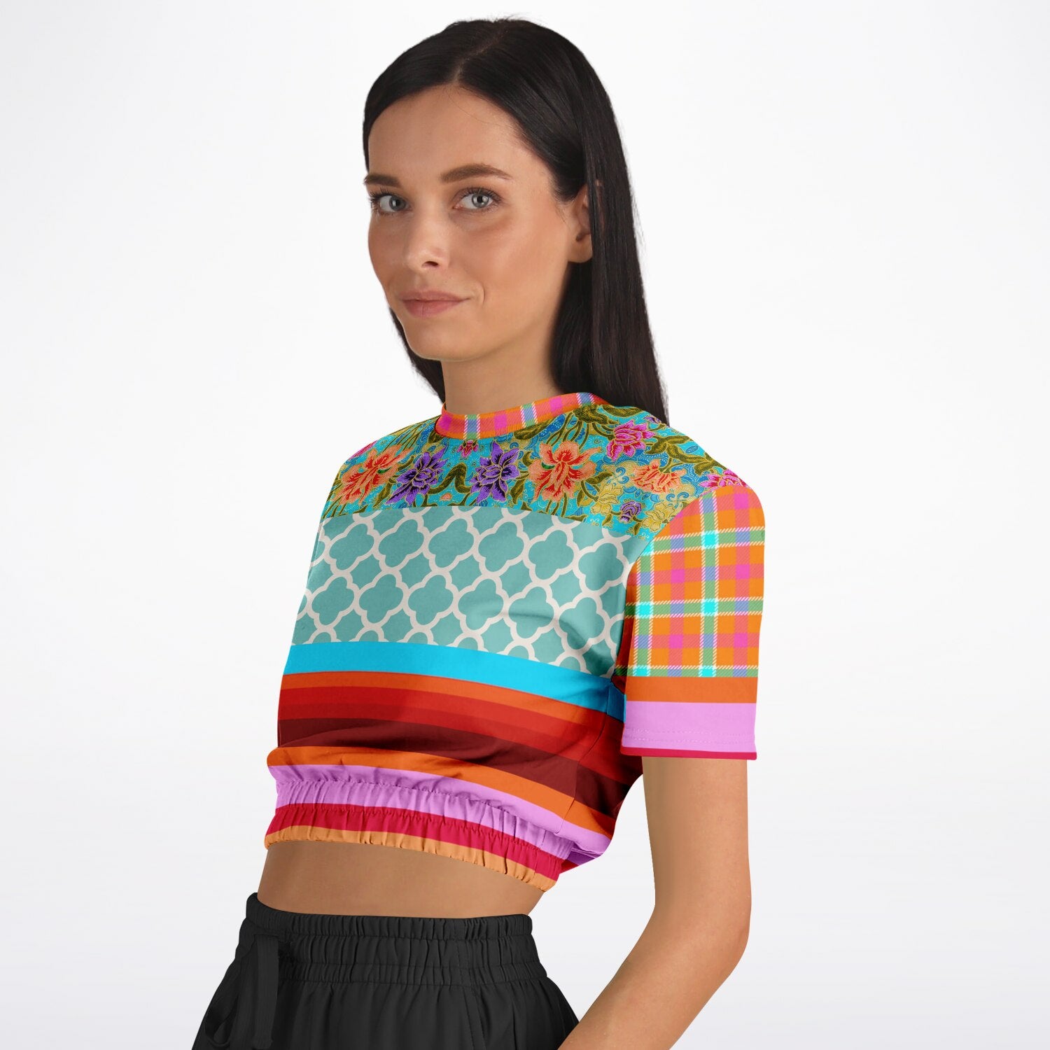 Age of Aquarius Batik Floral Stripe Eco-Poly Short Sleeve Cropped Pullover