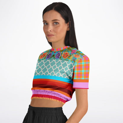 Age of Aquarius Batik Floral Stripe Eco-Poly Short Sleeve Cropped Pullover