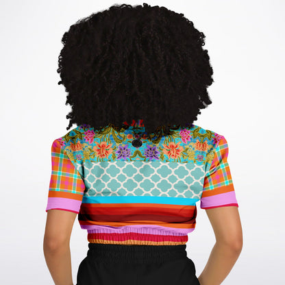 Age of Aquarius Batik Floral Stripe Eco-Poly Short Sleeve Cropped Pullover