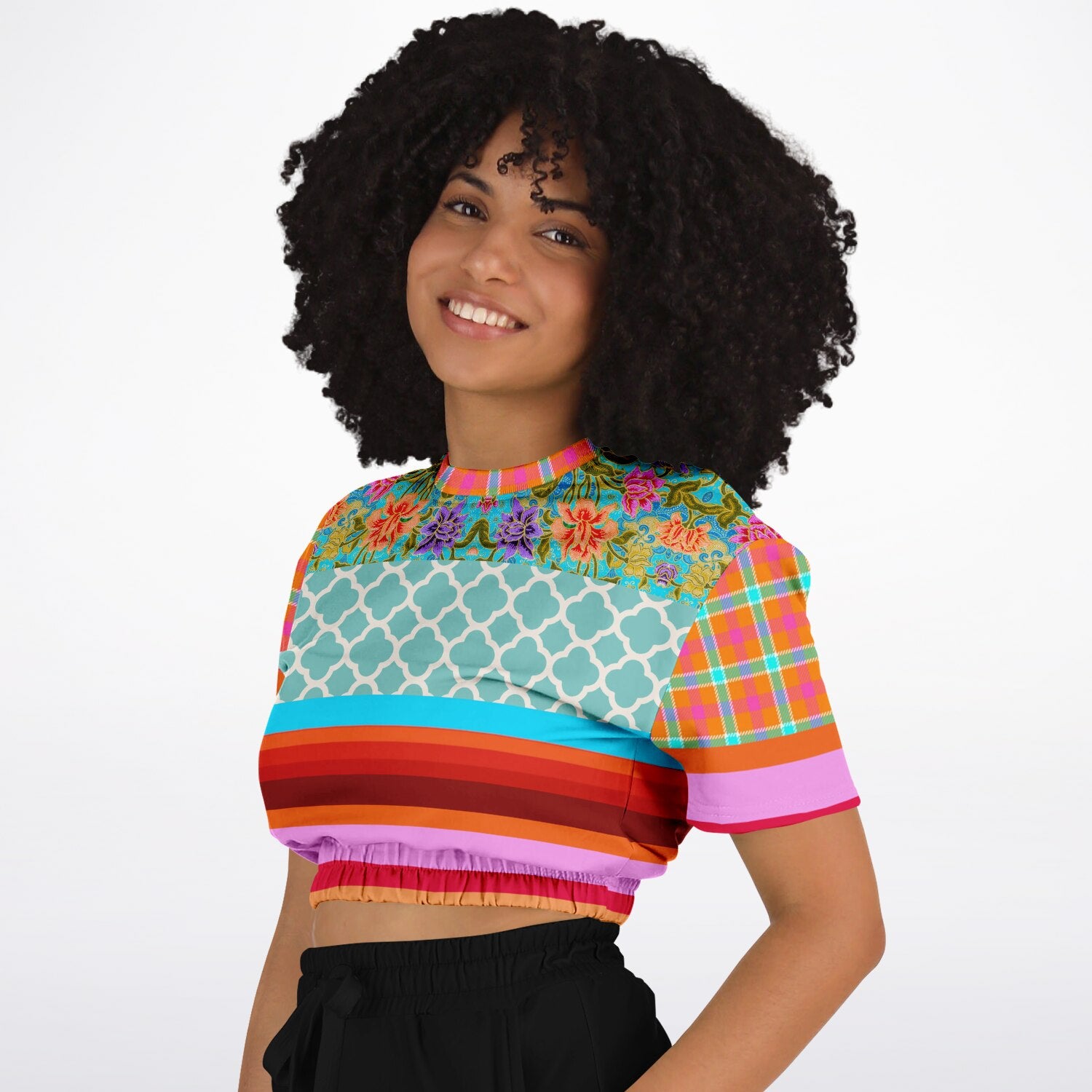 Age of Aquarius Batik Floral Stripe Eco-Poly Short Sleeve Cropped Pullover