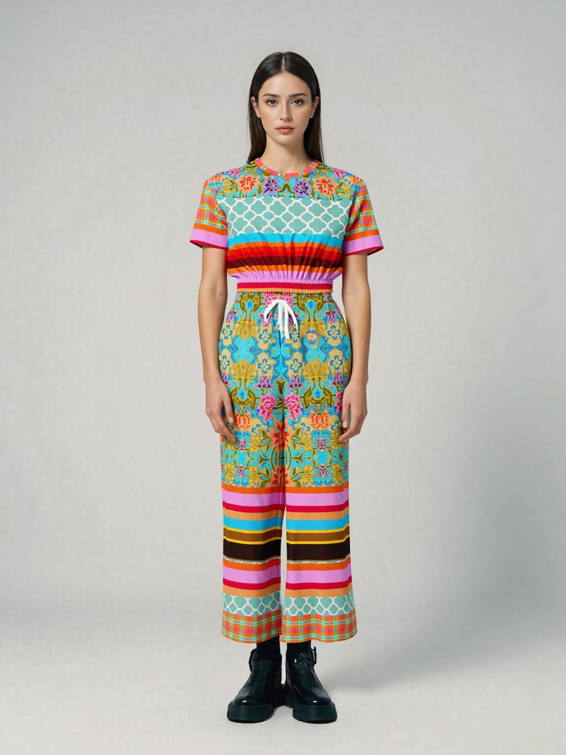 Age of Aquarius Batik Floral Stripe Eco-Poly Short Sleeve Cropped Pullover