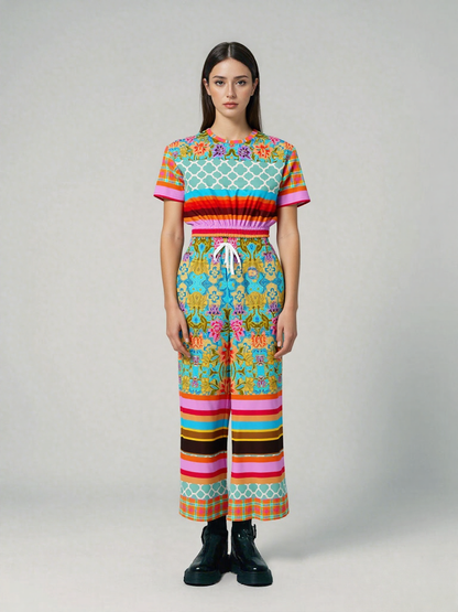 Age of Aquarius Batik Floral Stripe Eco-Poly Short Sleeve Cropped Pullover