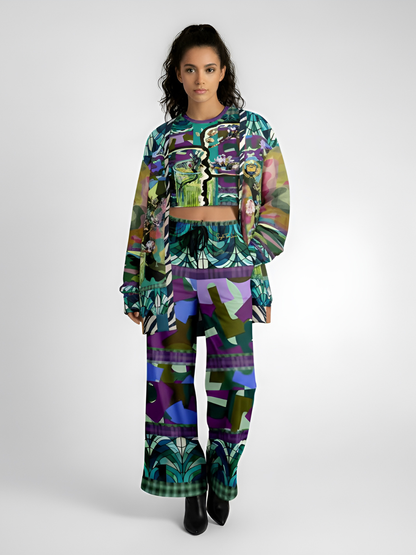 Almond Twig in Bloom Abstract Camo Patchwork Eco-Poly Short Sleeve Cropped Pullover