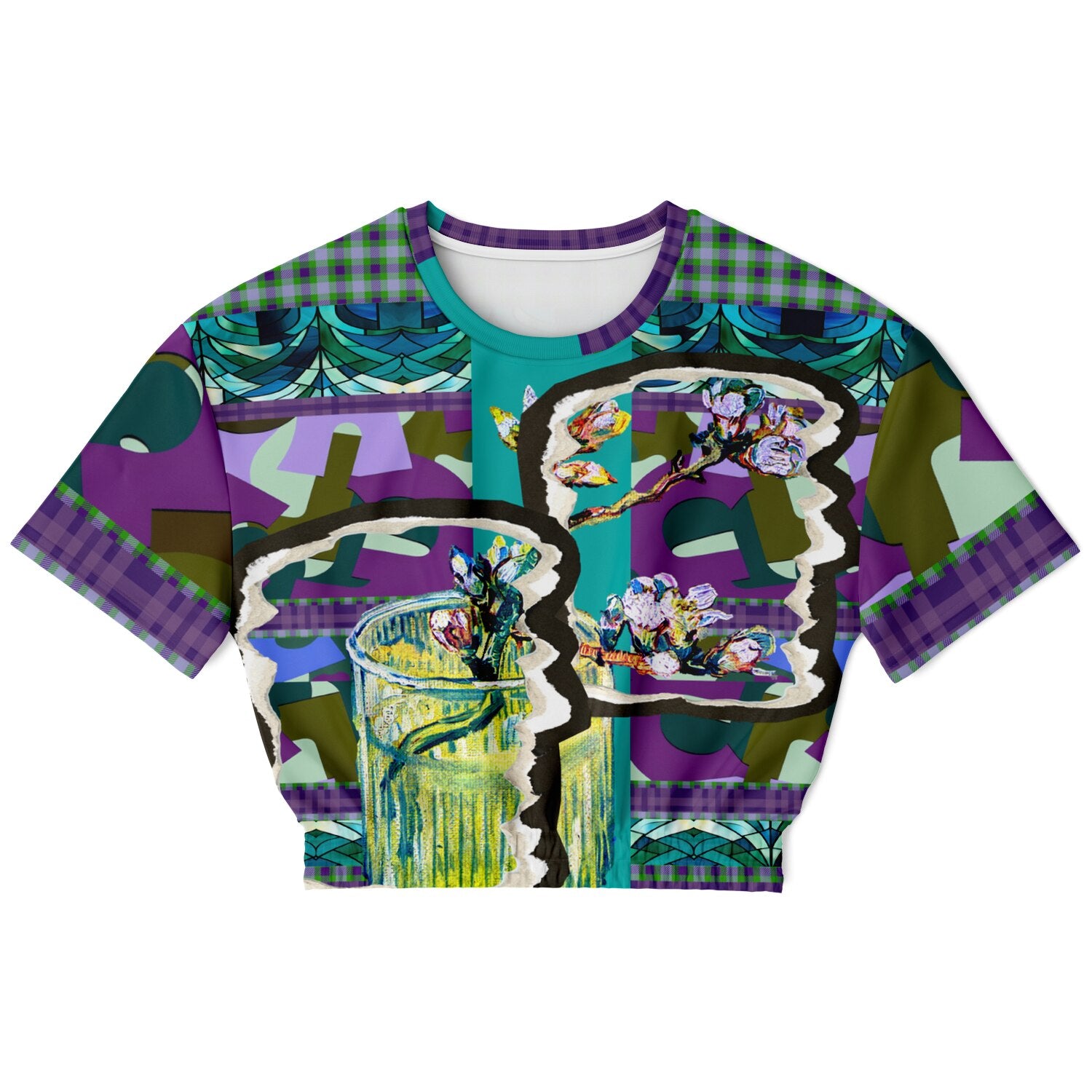 Almond Twig in Bloom Abstract Camo Patchwork Eco-Poly Short Sleeve Cropped Pullover