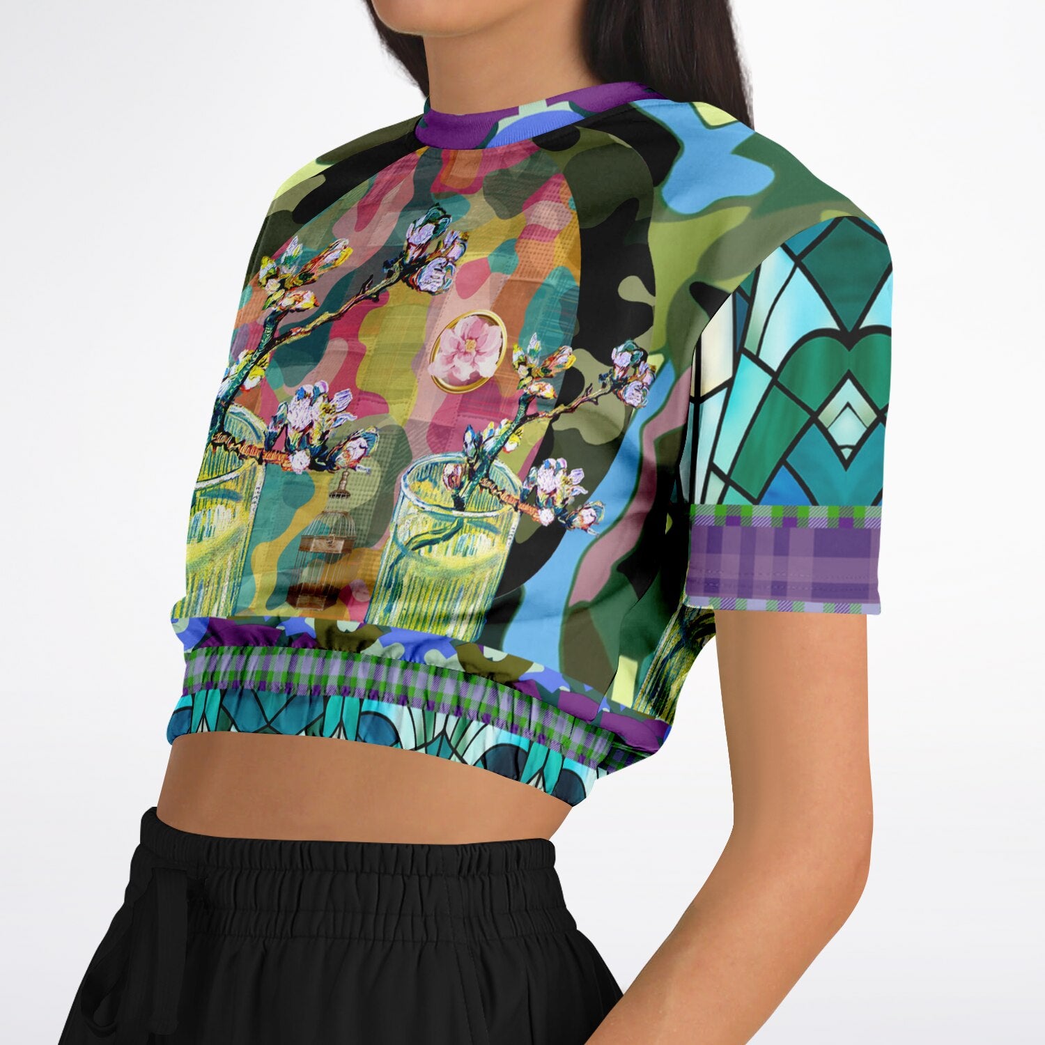 Almond Twig in Bloom Camo Patchwork Eco-Poly Short Sleeve Cropped Pullover