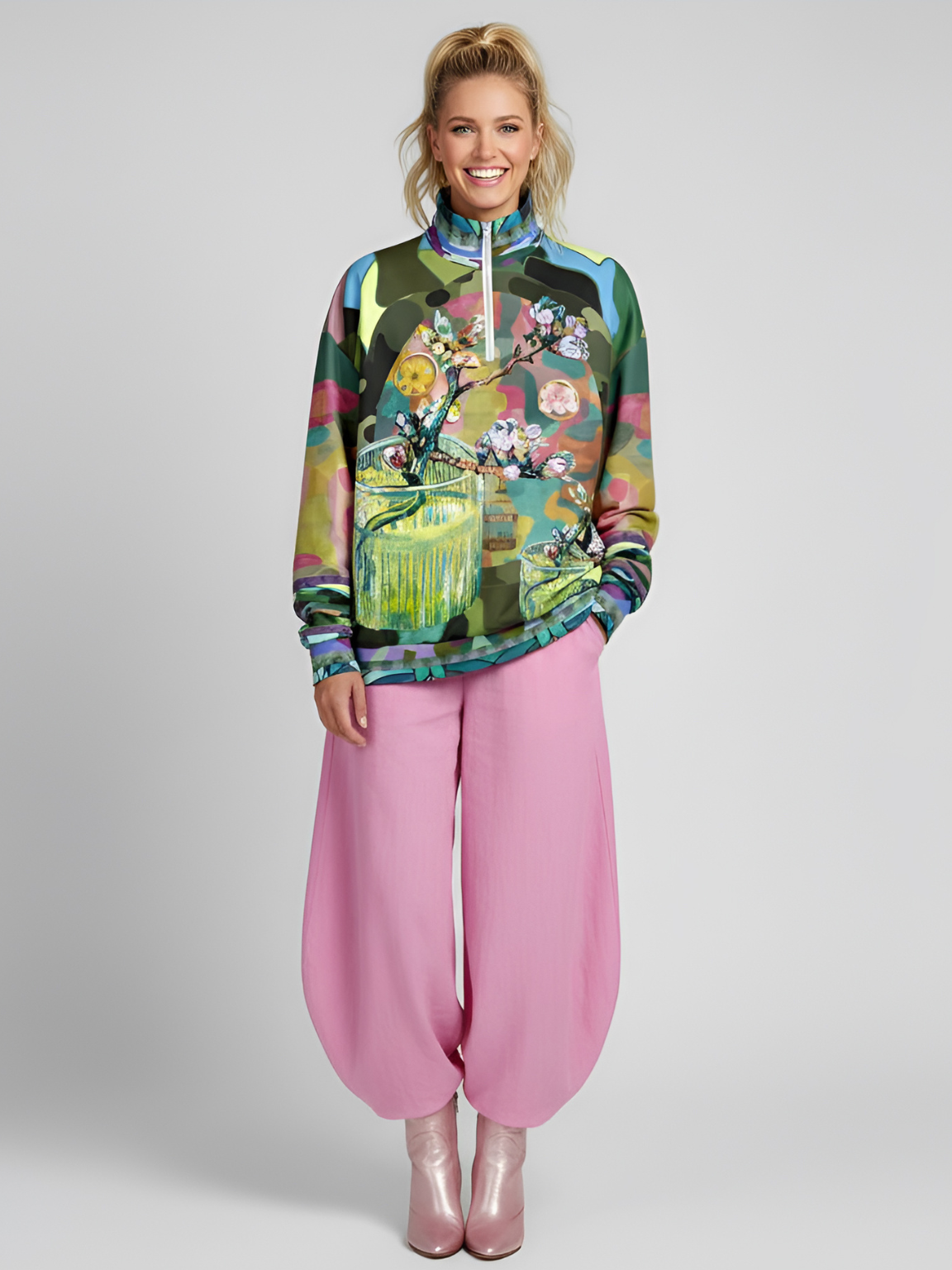 Almond Twig in Bloom Camo Patchwork Heavyweight Oversized Quarter Zip Sweatshirt