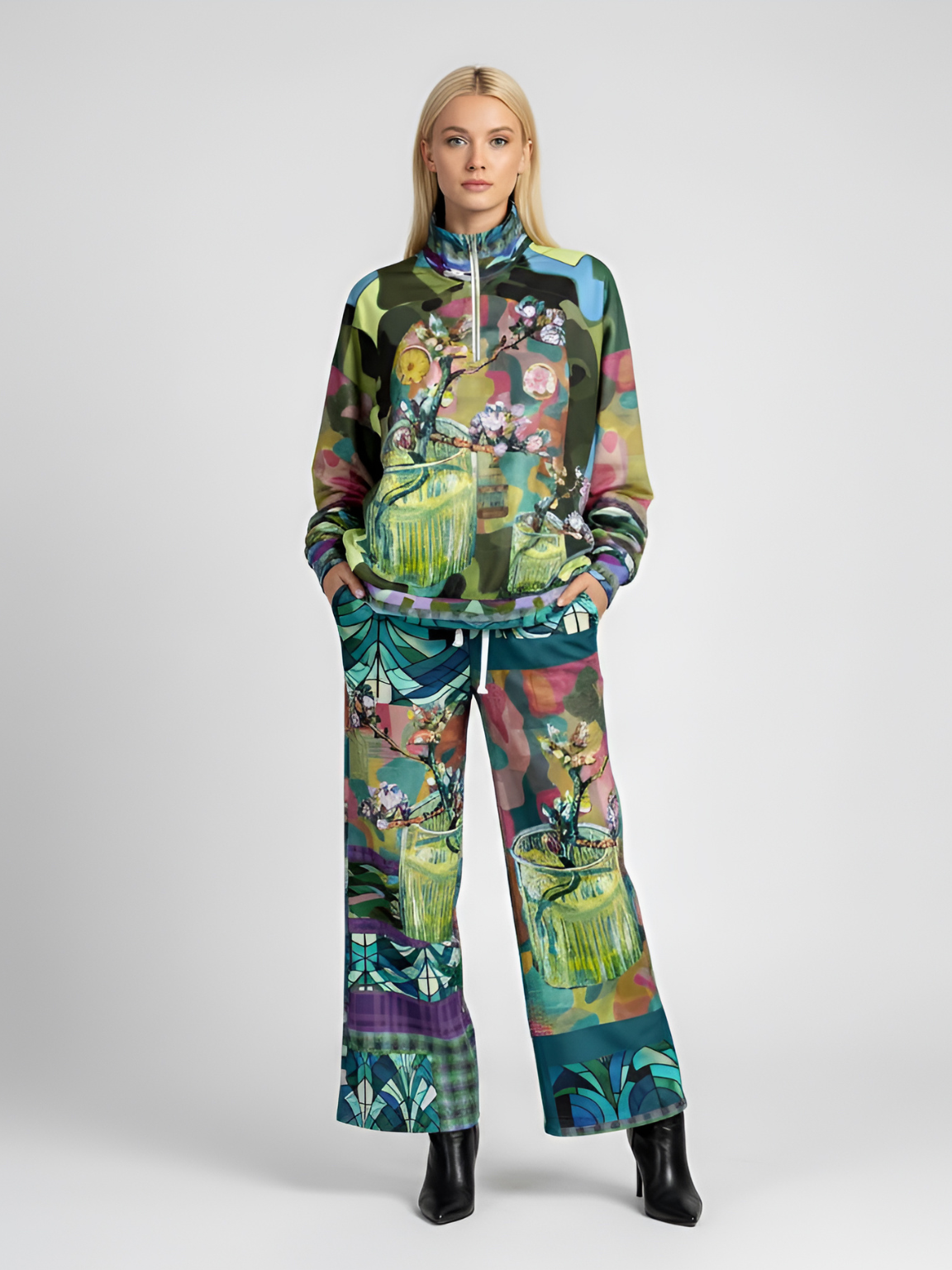 Almond Twig in Bloom Camo Patchwork Eco-Poly Wide Leg Pants