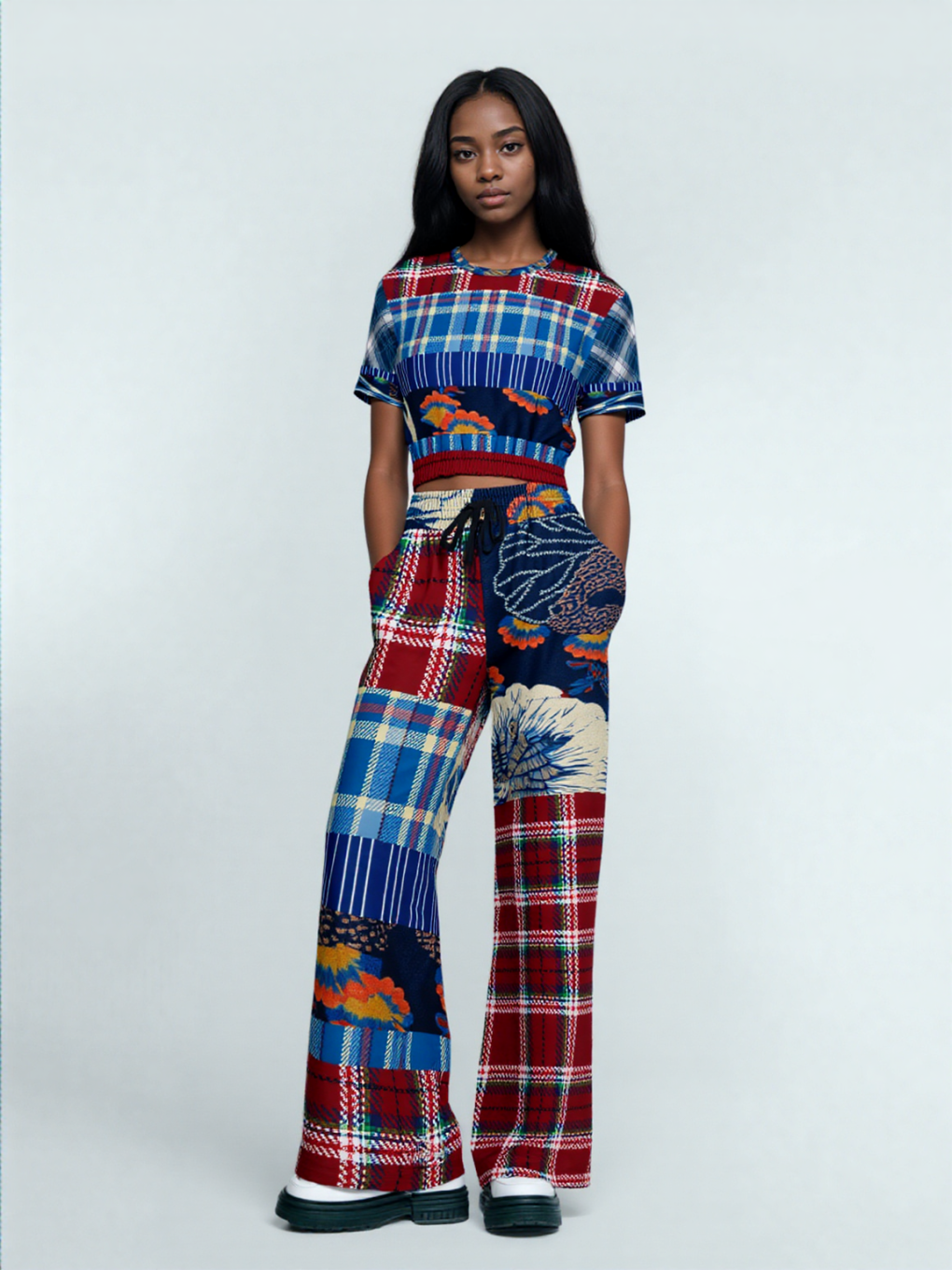 Andromeda Blue Hobo Patchwork Print Eco-Poly Wide Leg Pants