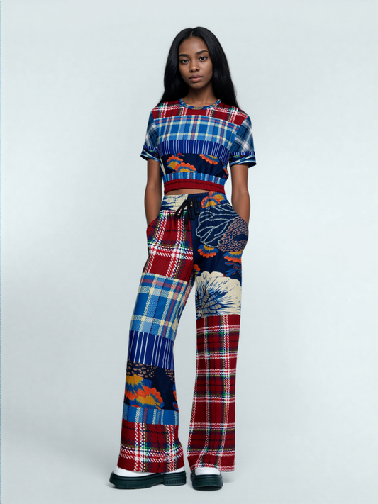 Andromeda Blue Hobo Patchwork Print Eco-Poly Wide Leg Pants