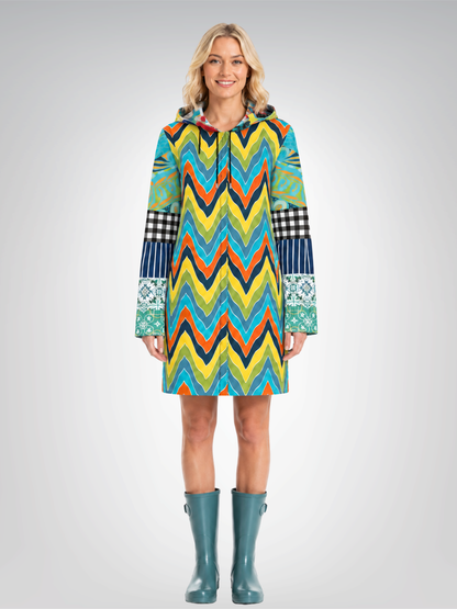 Aqua Zig Zag Mosaic Womens Hooded Rain Jacket