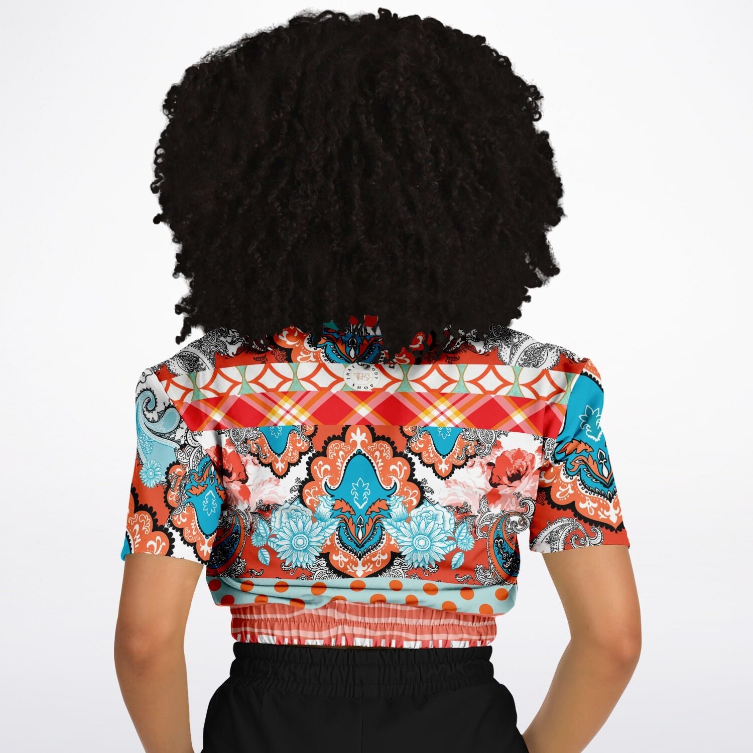 Coral Springs Hippie Patchwork Eco-Poly Short Sleeve Cropped Pullover