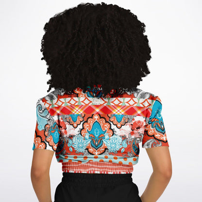 Coral Springs Hippie Patchwork Eco-Poly Short Sleeve Cropped Pullover