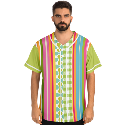 Green Anjou Pear Striped Patchwork Short Sleeve Eco-Poly Baseball Jersey