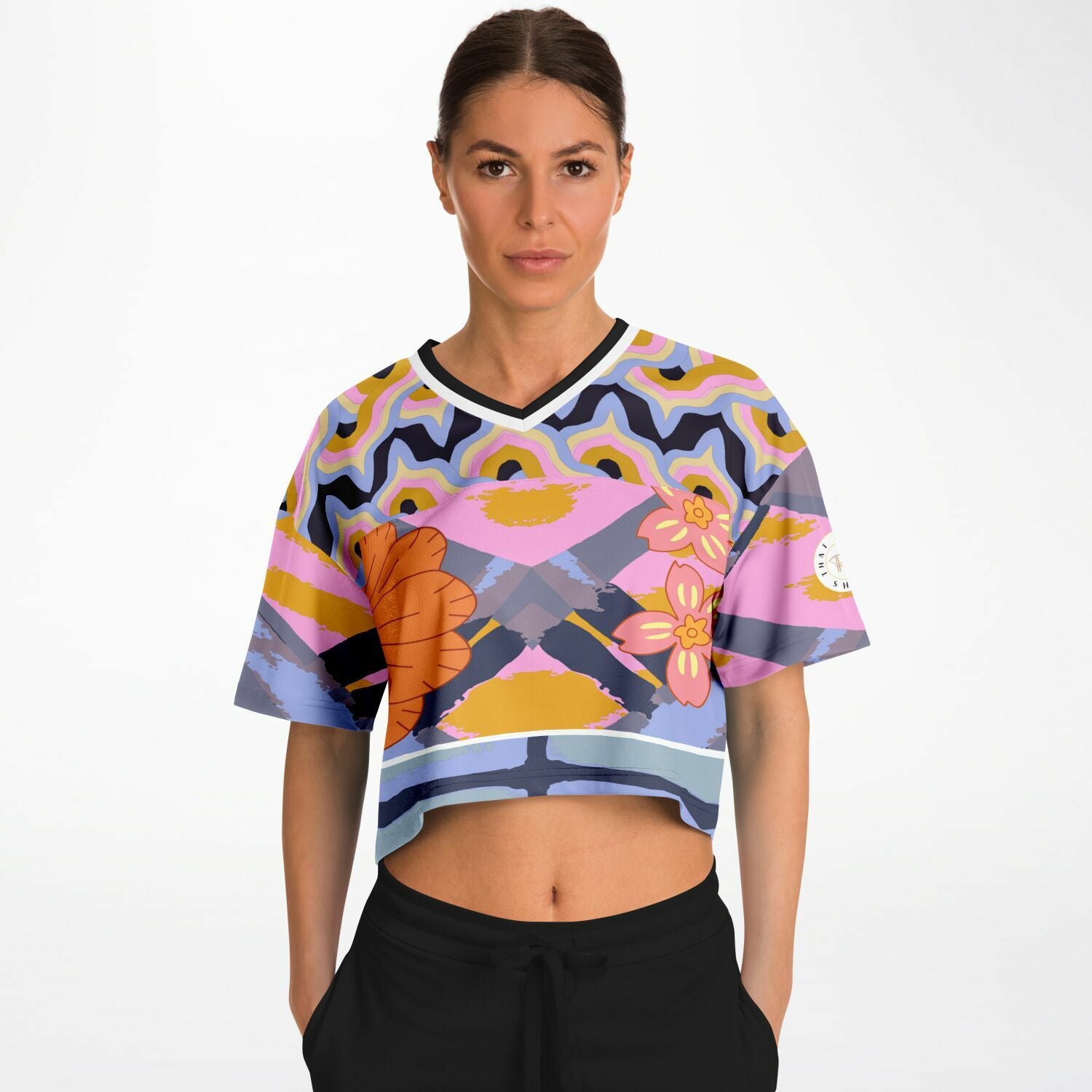 Bahama Mama Abstract Floral Eco-Poly V-Neck Crop Jersey