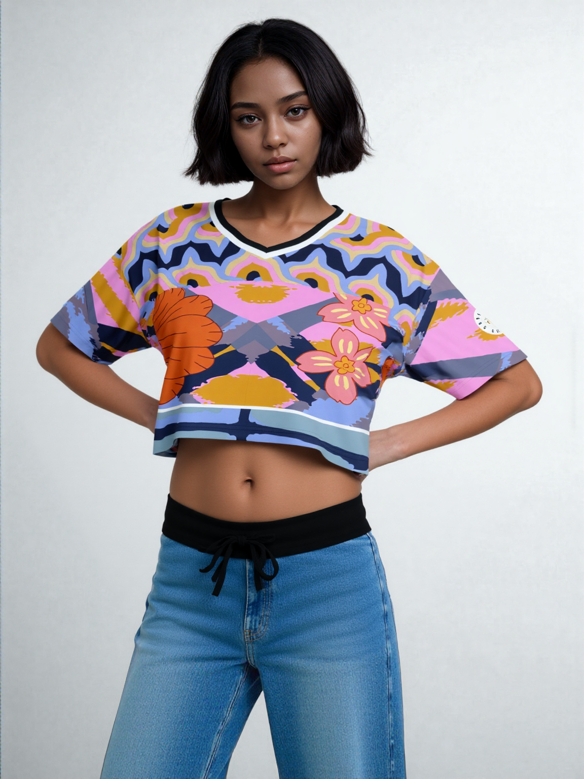 Bahama Mama Abstract Floral Eco-Poly V-Neck Crop Jersey