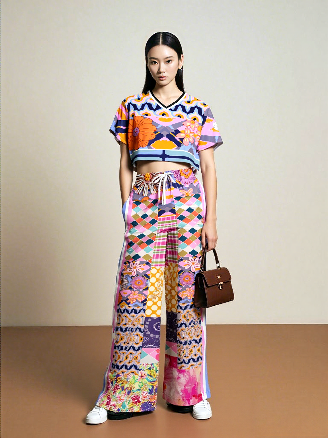 Bahama Mama Pink Floral Patchwork Eco-Poly Wide Leg Pants