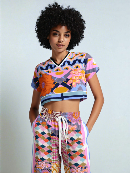 Bahama Mama Pink Floral Patchwork Eco-Poly Wide Leg Pants