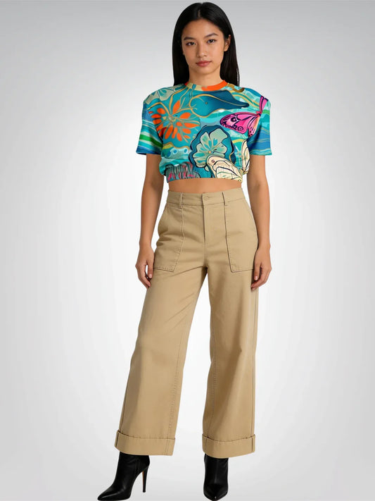 Bahamian Blue Waves Butterfly Eco-Poly Short Sleeve Cropped Pullover