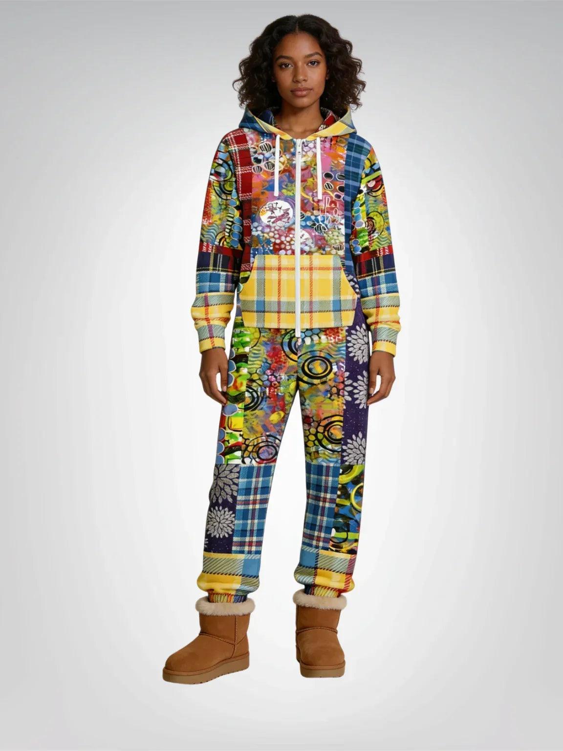 Barcelona Plaid Geometric Patchwork Unisex Fleece Romper