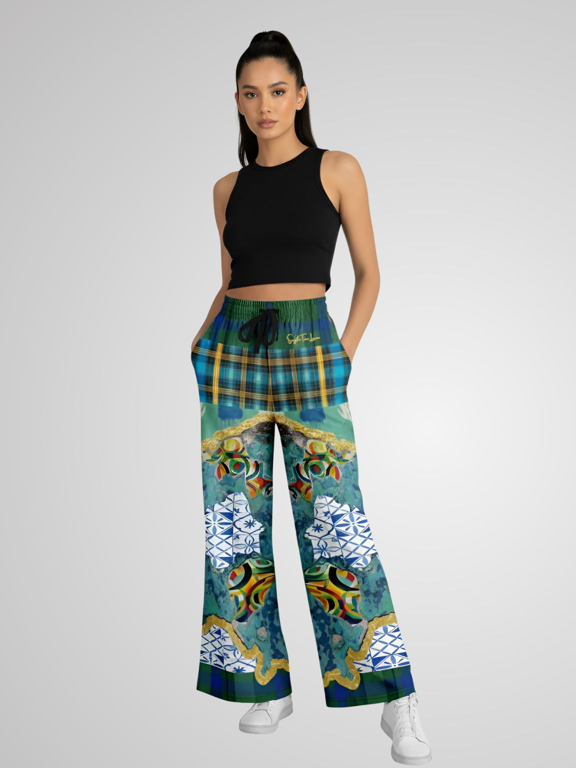 Basel at the Rhine Abstract Patchwork Eco-Poly Wide Leg Pants