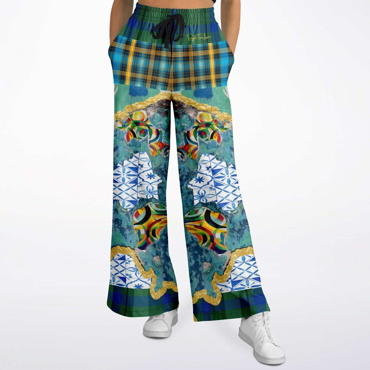 Basel at the Rhine Abstract Patchwork Eco-Poly Wide Leg Pants