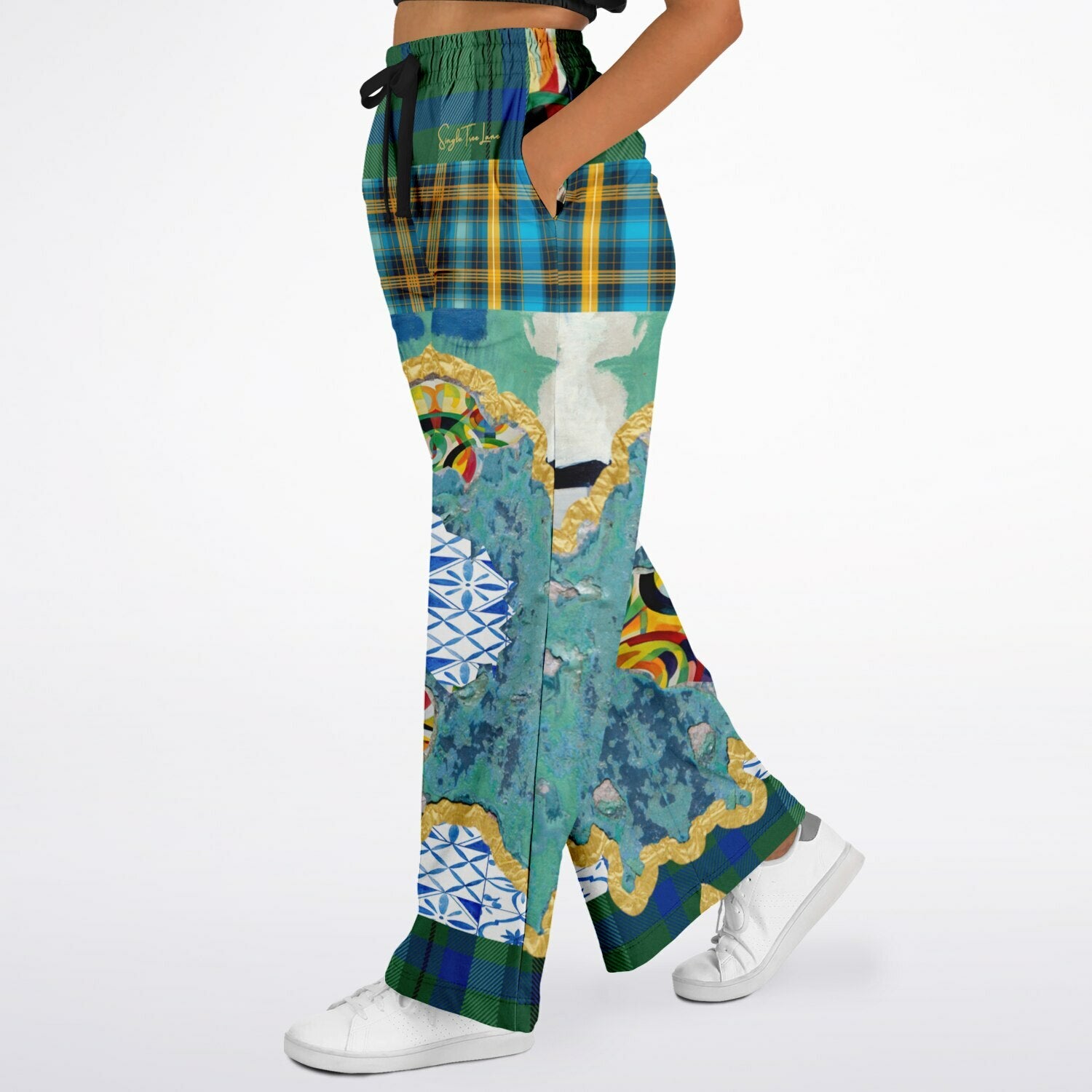 Basel at the Rhine Abstract Patchwork Eco-Poly Wide Leg Pants