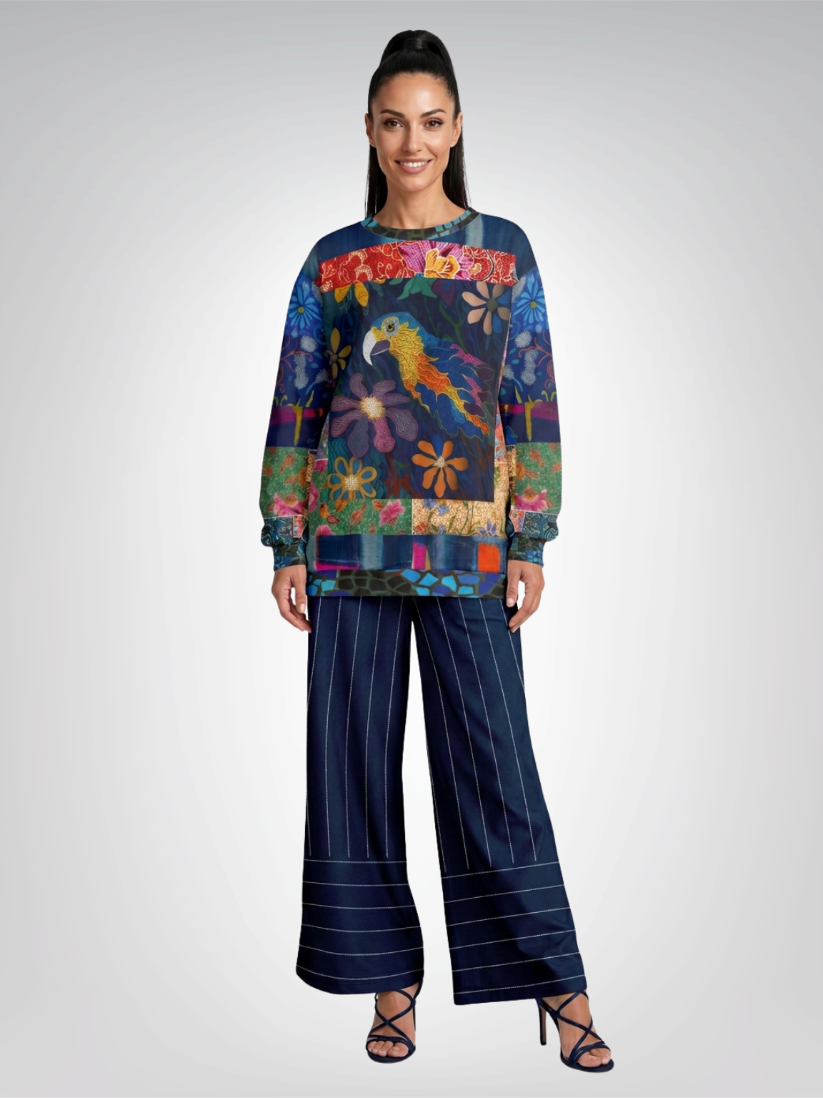 Pinstripes in Blue and White Eco-Poly Wide Leg Pants