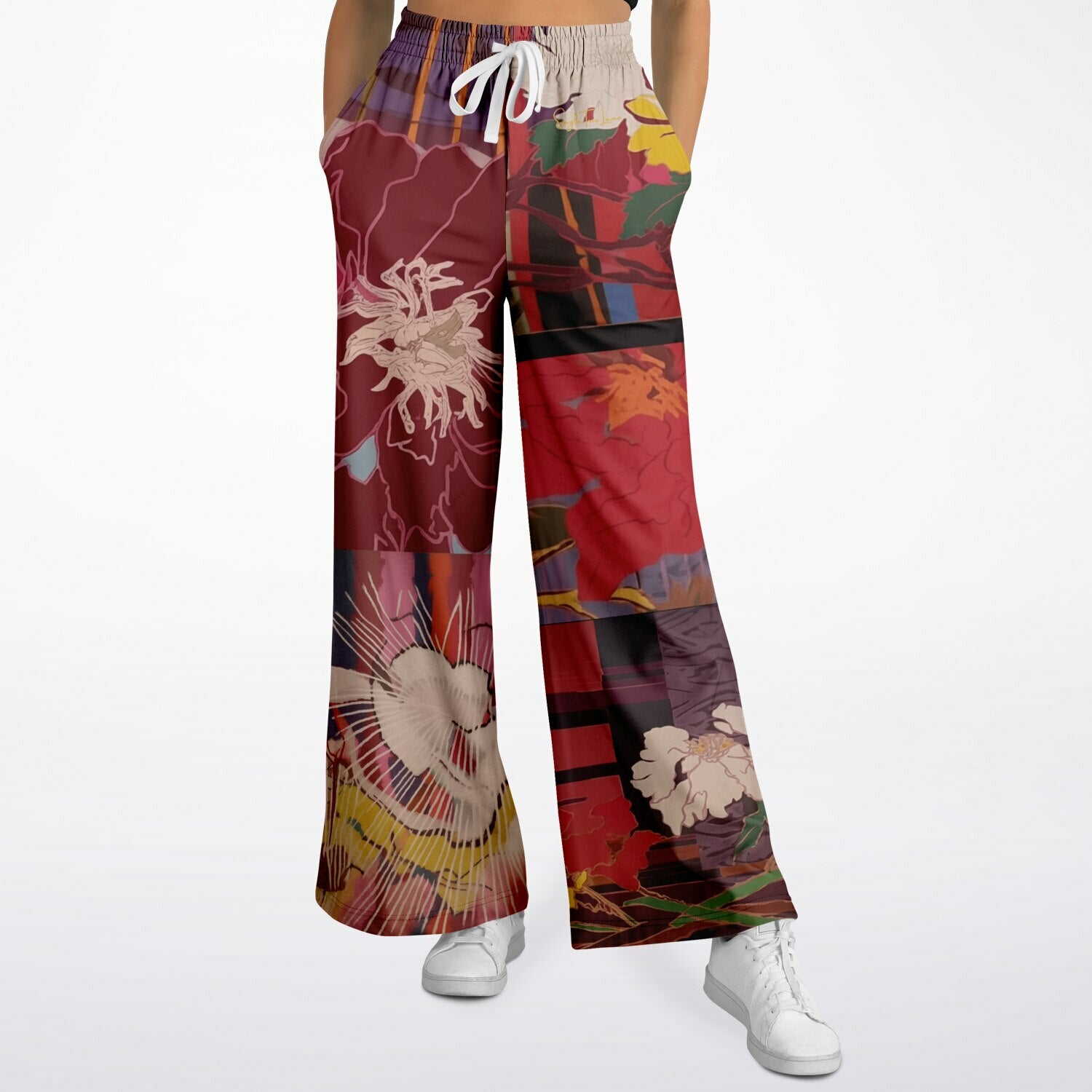Birds of a Feather in Abstract Floral Stripe Eco-Poly  Eco-Poly Wide Leg Pants
