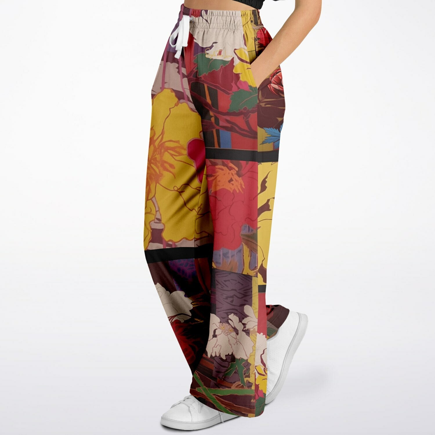 Birds of a Feather in Abstract Floral Stripe Eco-Poly  Eco-Poly Wide Leg Pants