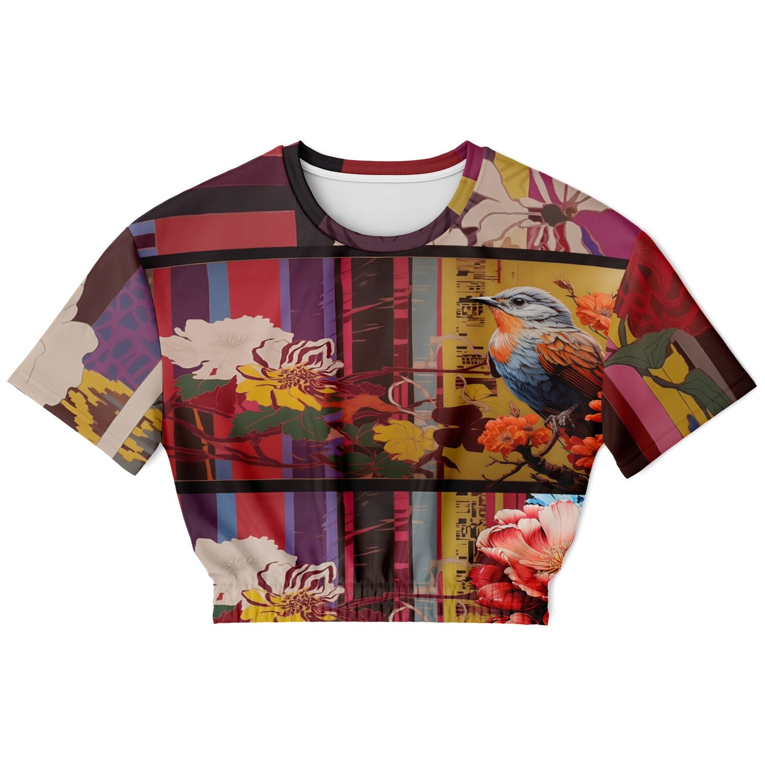 Birds of a Feather in Abstract Floral Stripe Eco-Poly Short Sleeve Cropped Pullover