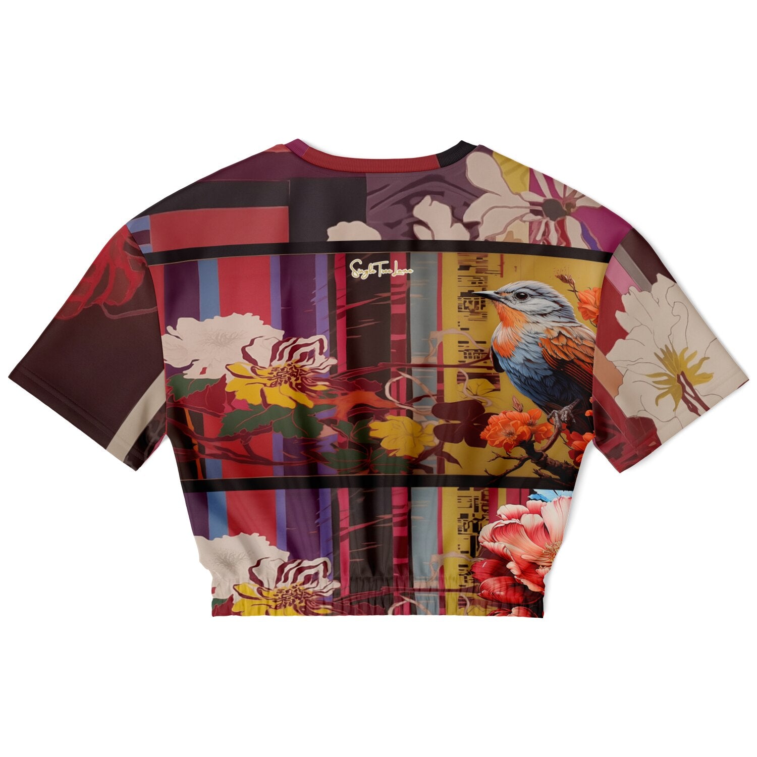 Birds of a Feather in Abstract Floral Stripe Eco-Poly Short Sleeve Cropped Pullover
