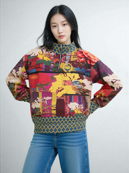 Birds of a Feather in Abstract Floral Stripe Heavyweight Quarter Zip Unisex Pullover