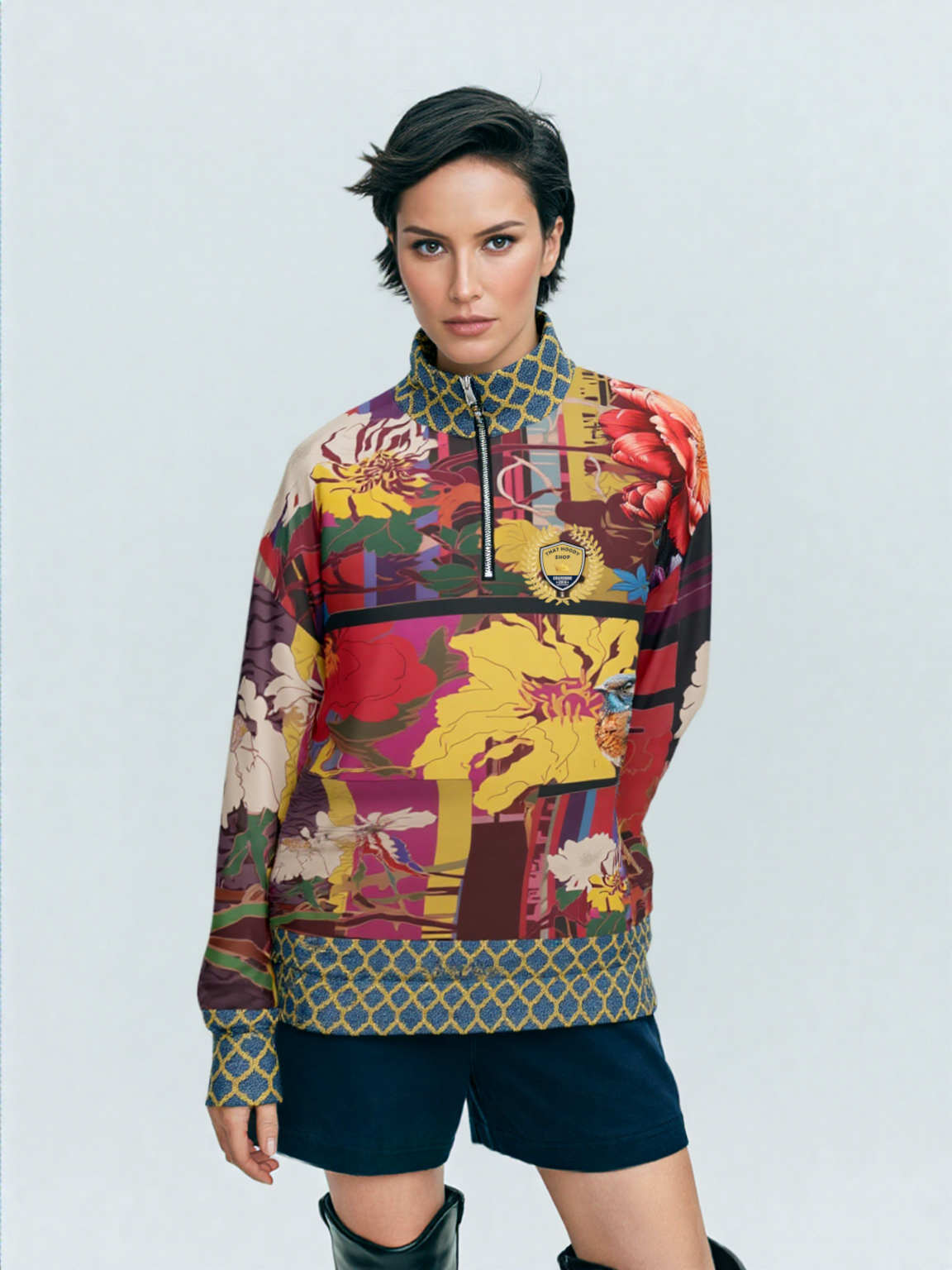 Birds of a Feather in Abstract Floral Stripe Heavyweight Quarter Zip Unisex Pullover