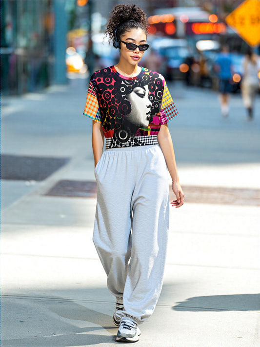 Black Queen in Afrocentric Technicolor Eco-Poly Short Sleeve Cropped Pullover