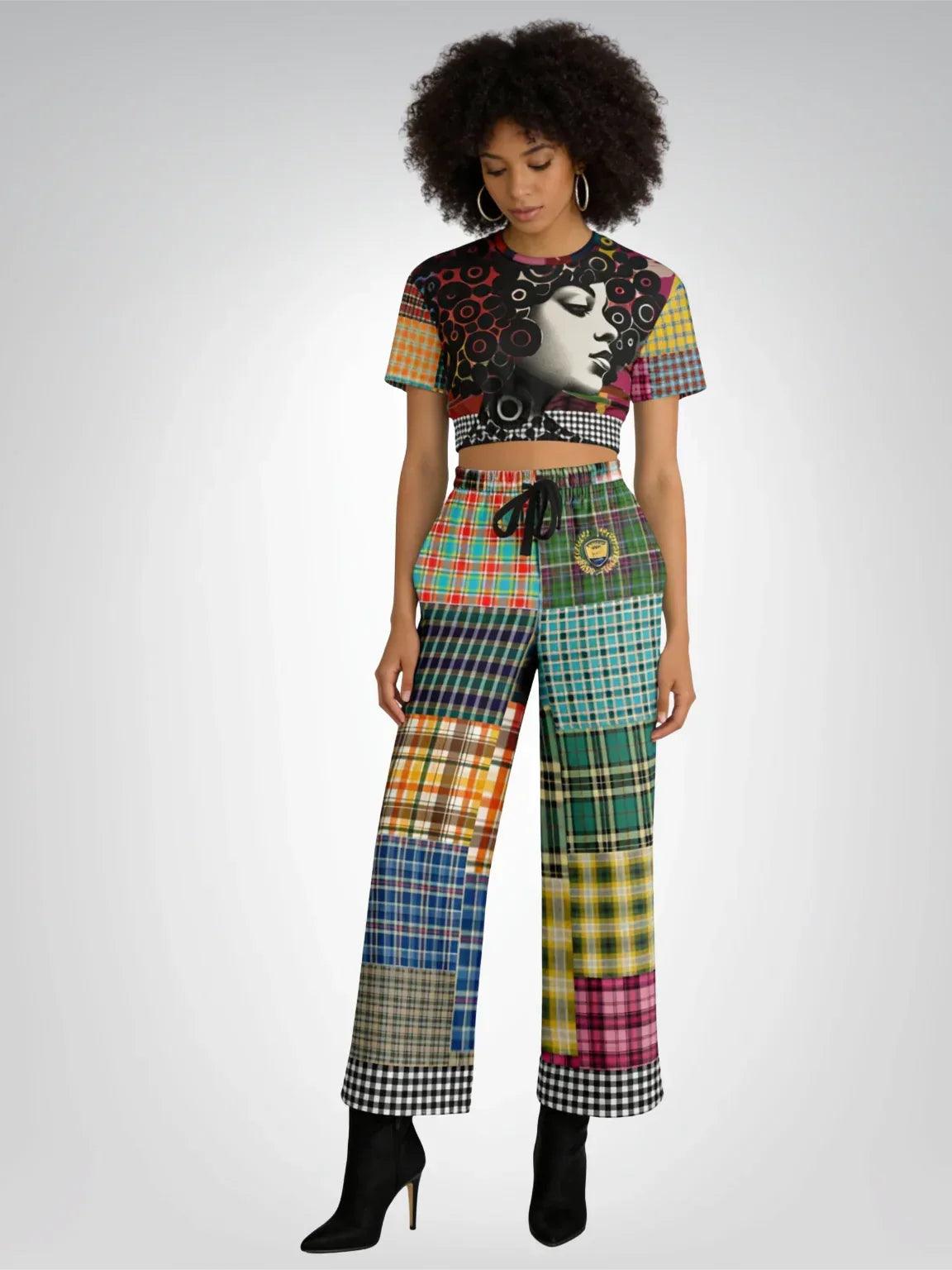 Black Queen in Afrocentric Technicolor Eco-Poly Short Sleeve Cropped Pullover